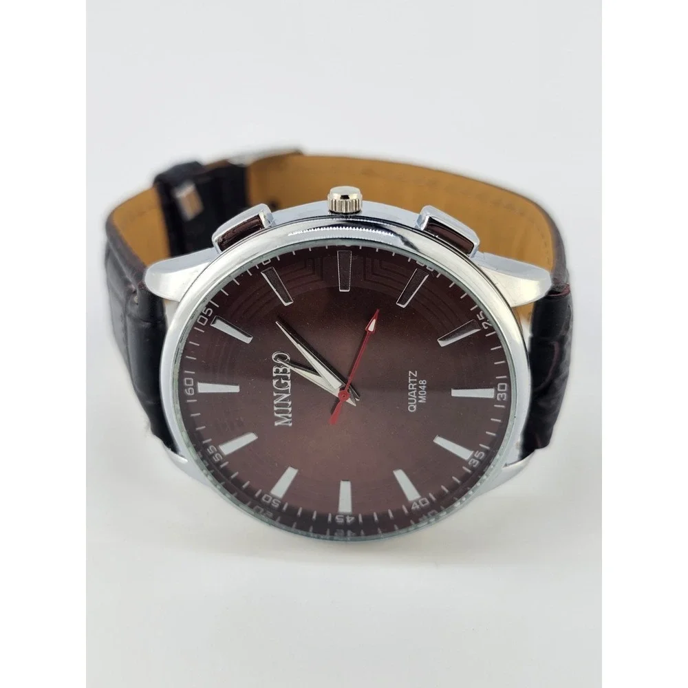 Men's Analog Watch‎ 45MM Brown Dial Dark Brown Faux Leather Bands New Battery